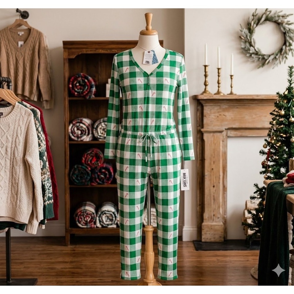 NWT Muk Luks Womens Green Plaid Candy Cane‎ Pajama Jumpsuit Medium